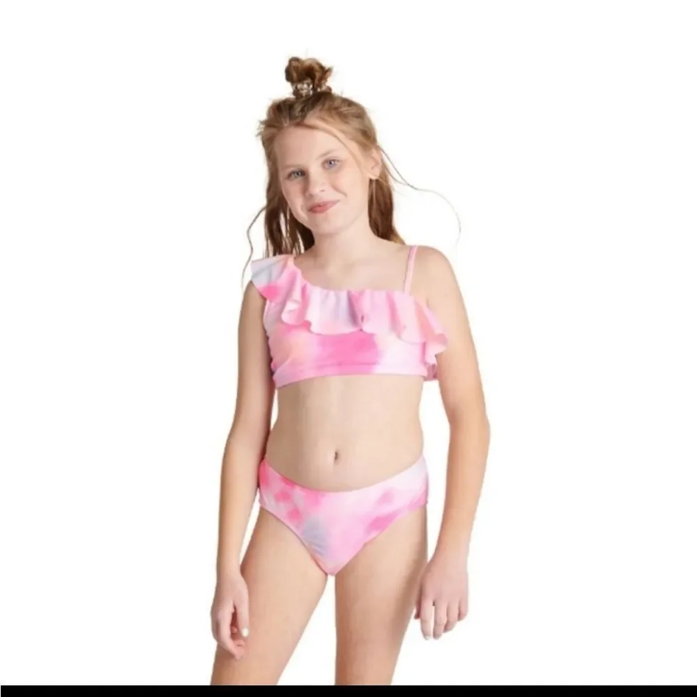NEW Justice Girls 2 Piece Ruffle Shoulder Tie Dye Bikini‎ Swimsuit XS